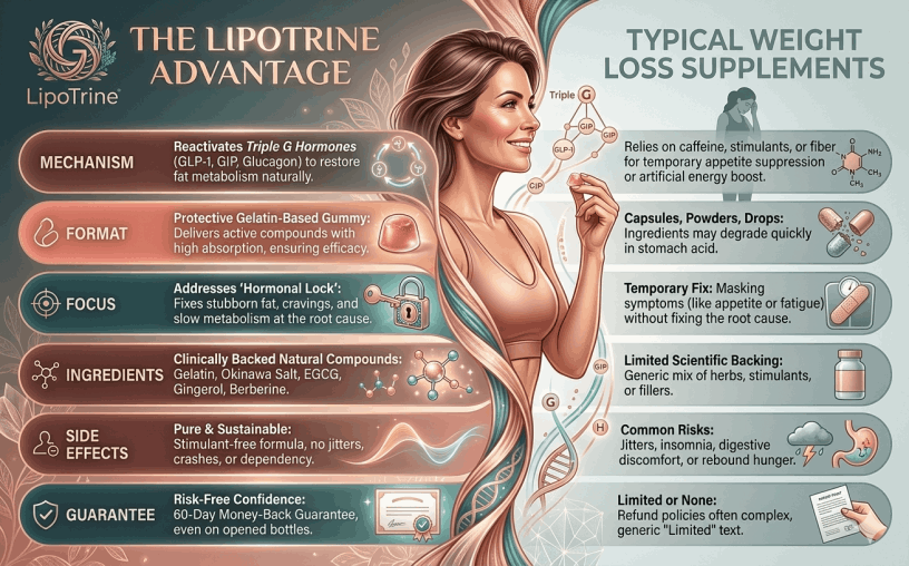 LipoTrine advantage vs typical weight loss supplements comparison highlighting Triple G activation and natural ingredients