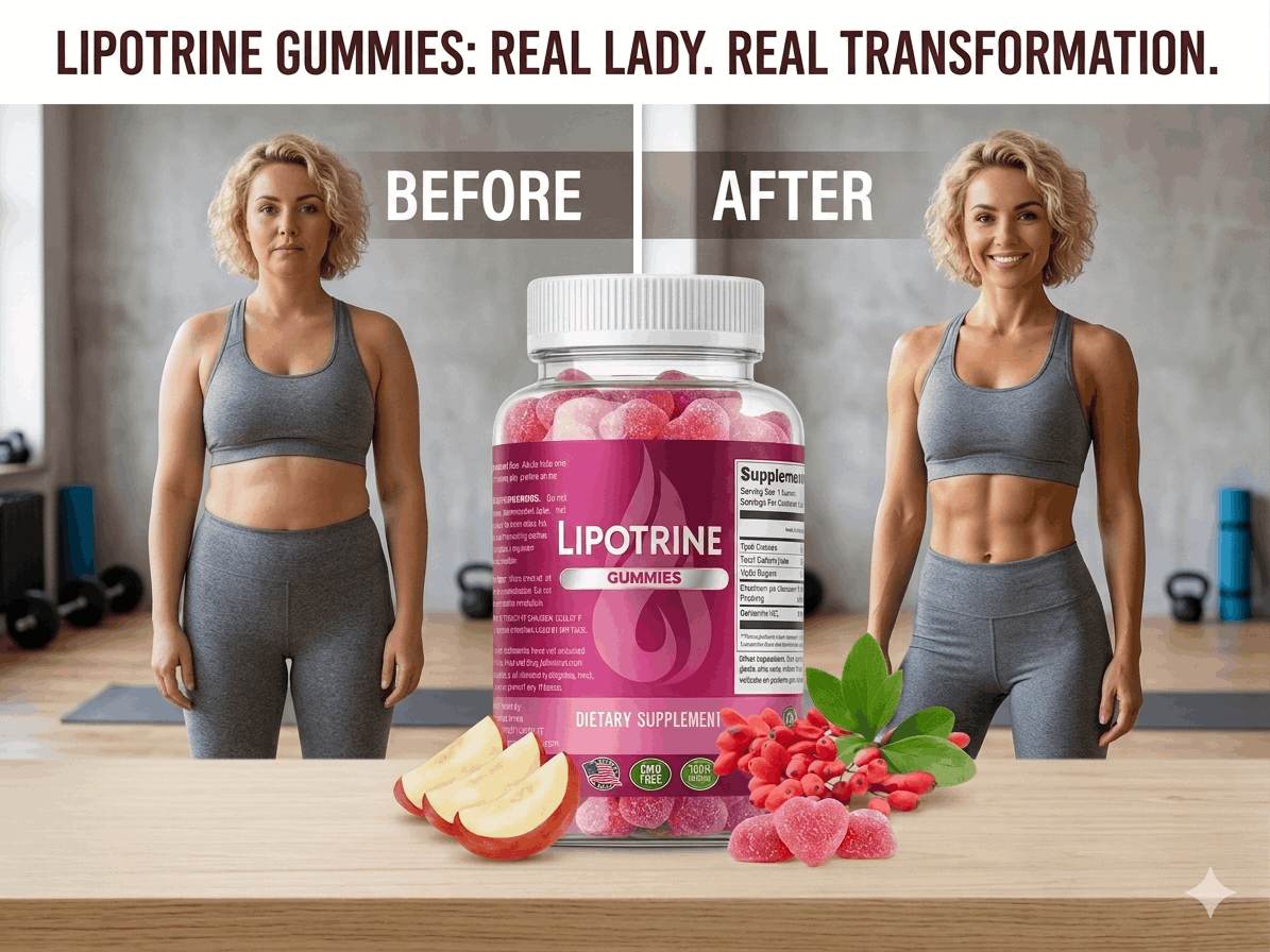 LipoTrine gummies before and after weight loss transformation for women with supplement bottle